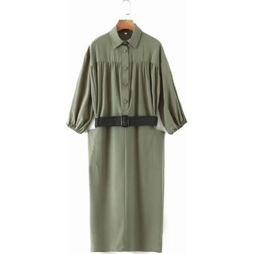 Stylish Woman Sashes Patch pocket Oversized Shirtwaist Dress 2020 New Casual Lady Side Slit Loose Midi Dresses D5698