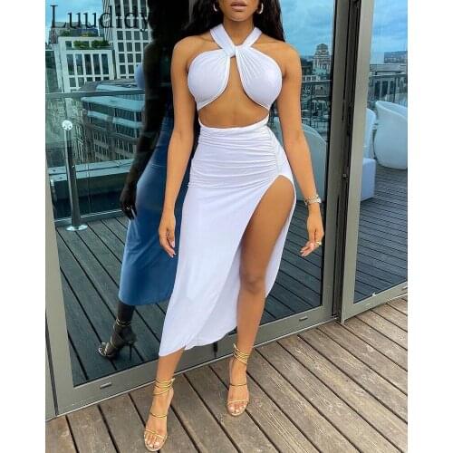 Women Sexy Halter Ruched Crop Top & High Slit Skirt Sets