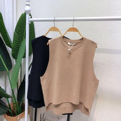 Fall 2021 Vest Womens Knitted Jacket Black Khaki Fashion O-Neck Irrgular Chic Jumper Sweater Mujer