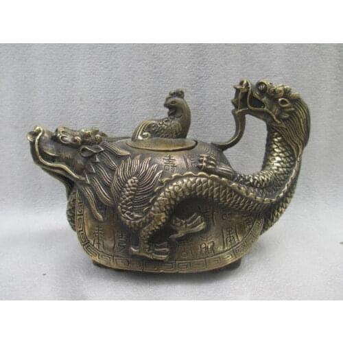 6 inc / Chinas rare ancient bronze hand carved dragon turtle teapot