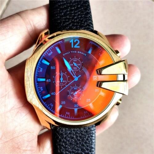 Golden Chronograph Mens Watches Brand Leather Sport Waterproof Quartz Military Discoloration Glass Creative Business Wristwatch