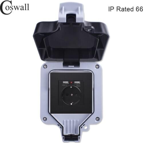 Coswall IP66 Weatherproof Waterproof Anti-UV Dust-proof Outdoor EU Standard Wall Socket With Dual USB Charging Surface Mounted