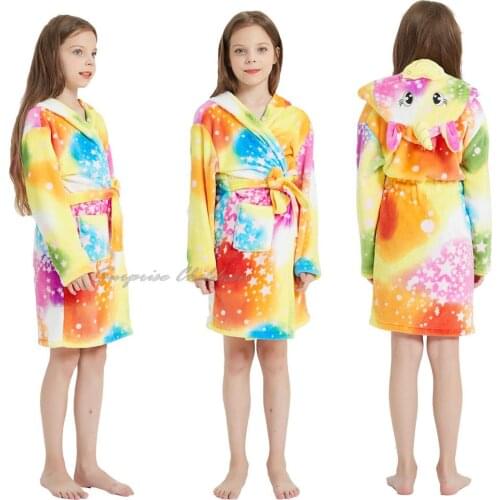 Children Winter Home Cartoon Flannel Nightgown Baby Girls Hooded Rainbow Unicorn Bathrobe Towel Dressing Gown Kigurumi Pajamas