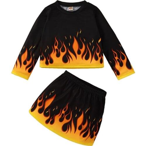 Cool Girls Spring and Autumn Flame Pattern Cotton Shirt Sets Children Kid Personality Long Sleeve Top Buttocks Knee Length Skirt
