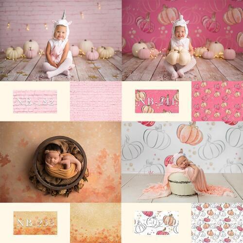 Newborn Little Pumpkin Photography Backdrop for Photo Studio Autumn Maple Leaf Background Pink Brick Wall Birthday Party Shoot