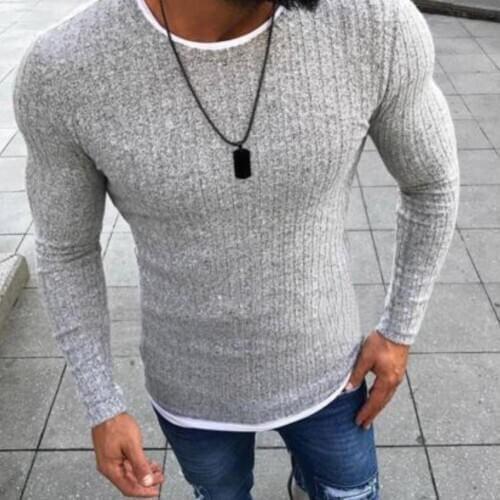 T-Shirts Fashion Men Round Neck Long Sleeve Patchwork Slim Knitted Sweater Pullover Top