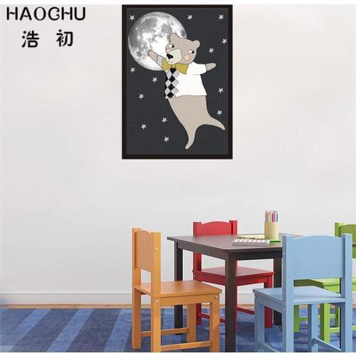 HAOCHU Modern Kawaii Playful Boy Bear Animal Decorative Painting On Canvas Moon Star Wall Picture Nordic Poster Nursery Room