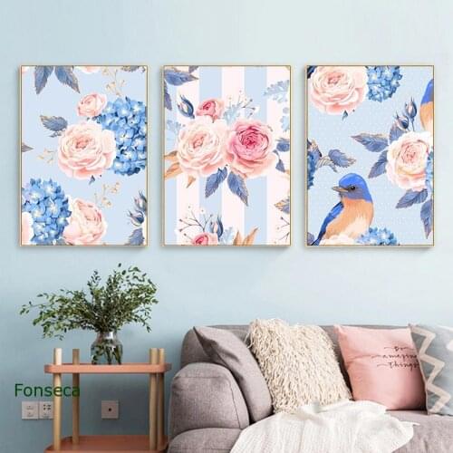 Watercolour Flower Bird Canvas Painting Nordic Purple Pink Peony Poster Wall Art Pictures Living Room Modern Home Decoration