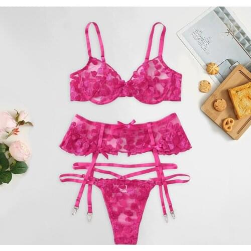 3pcs Sexy Lingerie Set Temptation Bra G-string Garter Womens Underwear Exotic Sets Transparent Lace Heart Embroidery Lenceria
