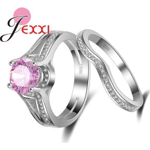 Beautiful Pink Crystal Women Finger Jewelry Fashion Stamp Silver Couple Pair Rings Anniversary Gifts Free Shipping