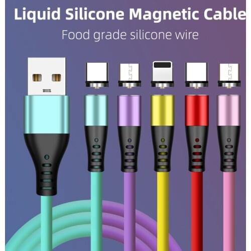 Magnetic Cable Micro USB Type C For Iphone Huawei Xiaomi Mi 11 Por 10 9 Mobile Phone Charger LED Liquid Soft Silicone USB C Wire