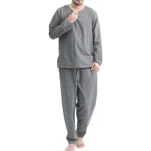 Mens Pajama Sets Solid Color Homewear Long Sleeve T-shirt And Trousers Sleepwear Pants Cozy Leisure Nightwear Sets Men 2 Pieces