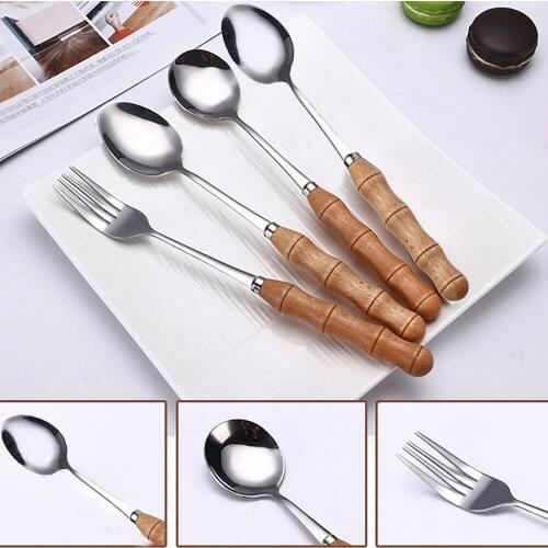 Dinnerware Sets Creative Bamboo Wooden Handle Stainless Steel Upscale Cutlery Fork Spoon Home Kitchen Tableware #W5