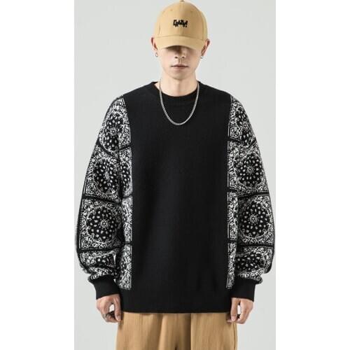 New Ethnic Style Color Patchwork Knit Street Stylish Mens Hip Hop Casual Pullovers Sweaters Male Fashion Full Sleeves Paisley