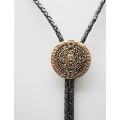 Original Antique Gold Plated Classic Aztec Calendar Sculpting Bolo Tie Neck Tie Necklace also Stock in the US