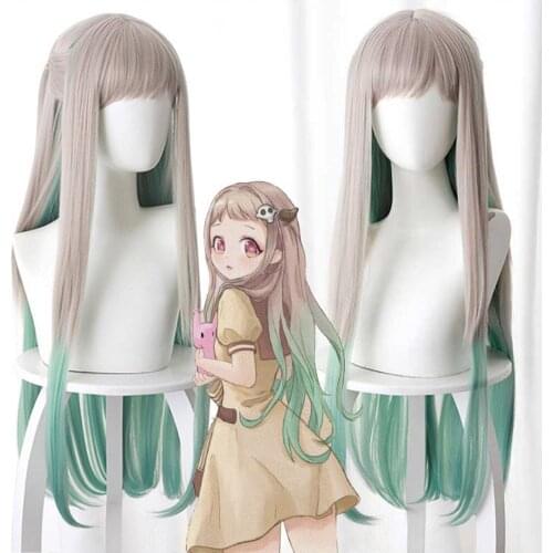 Anime Toilet-bound Hanako-kun cosplay wig Yahiro Nene 80cm long wig Silver gray gradient green wig Heat Resistant Synthetic Wigs