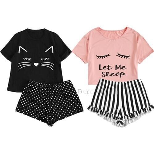 Womens Homewear Cute Cat Cartoon Printed Pajamas Set Casual Short Sleeve T-Shirt Sleepwear Nightwear Set Pyjama For Women Set