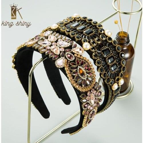 Vintage Baroque Multi Color Crystal Headband for Woman Elegant Sparkly Rhinestone Simulated Pearl Hairband Girls Party Headwear