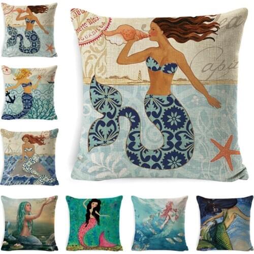 GY0018 Mermaid Christmas Cotton Cushion Case (No Filling) 1PC Polyester Home Decor Bedroom Decorative Sofa Car Throw Pillows