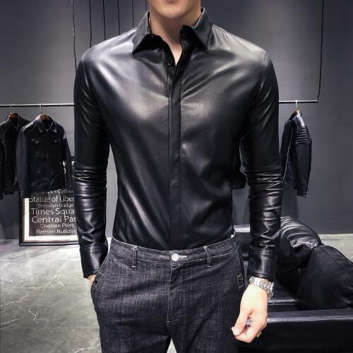 Western Leather Shirts Mens Black Urban Cowboy Sexy Antisocial Club Outfits Slim Fit Faux PU Leather Mens Korean Fashion Clothes