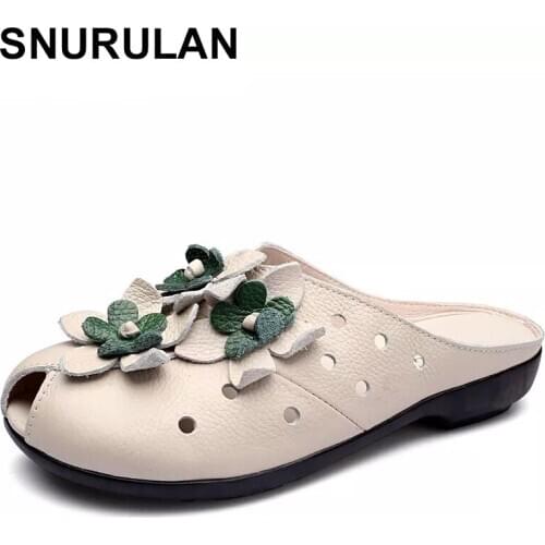 SNURULAN Genuine Leather Flats Women Sandals Closed Toe Slippers Summer Women Shoes Hand Cut Flower Slides