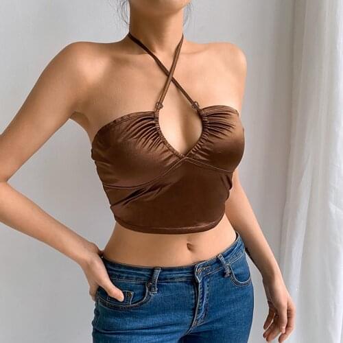 Halter Crop Top Sexy Strappy Brown Y2K Women Summer Backless Cami Tops Tees Ladies Fitness Camisole Party clothes punk mall bar