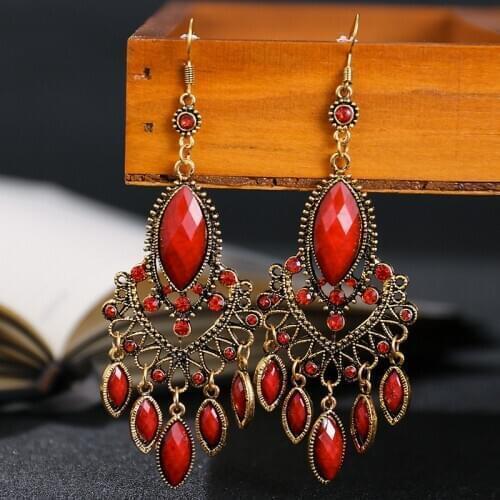 Vintage Womens Alloy Hollow Red Rhinestone Tassel Wedding Earrings Danglers Boho Ethnic Geometric Earrings Indian Gypsy Jewelry