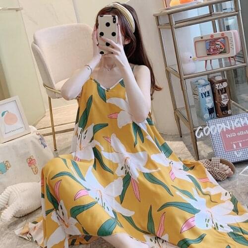 Japanese Cotton Silk Sling Nightdress Women Summer Thin Pajamas Loose Long Fresh Viscose Princess Style Large Size Home Service