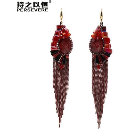 Hot Crystal Stone Resin Chain Long Tassel Earrings Women Red blue green hanging female Handmade Beaded Bohemian Jewelry