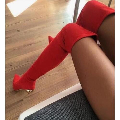 Hot Selling Pink Thigh High Boots Pointed Toe Suede Stretch Gold Metal Heels Over Knee Boots Womens Pointed Toe Winter Long Boot