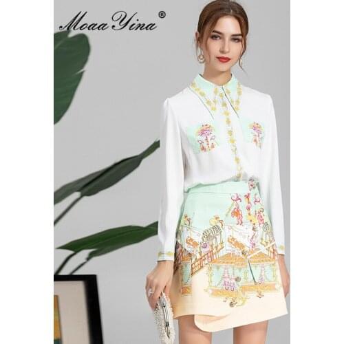 MoaaYina Autumn Runway Fashion Skirts Sets Womens Long sleeve Single breasted Shirts and Printed skirts Two Pieces Suit