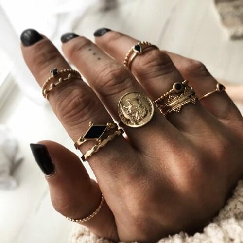 Vintage Crystal Geometric Crown Chain Flower Ring Sets For Women New Boho Gold Adjustable Fashion Rings Female Valentine Gift