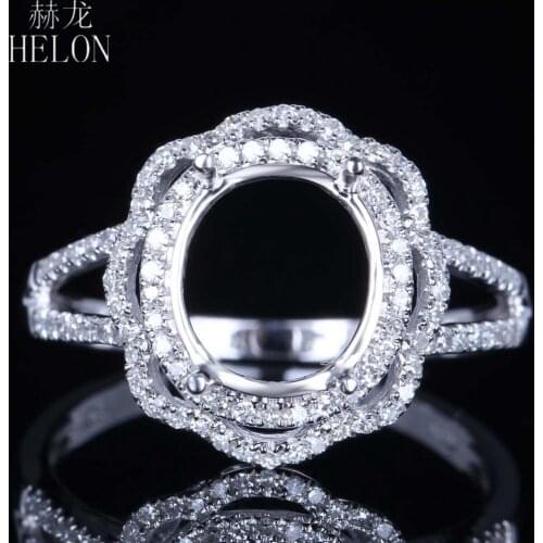 HELON 9X8MM Oval Cut Solid 14K White Gold Pave Real Natural 0.3ct Diamonds Semi Mount Women Engagement Ring Classic Fine Jewelry