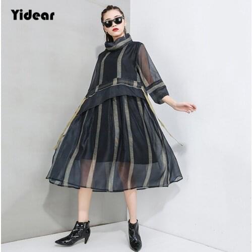 Spring Autumn Women Striped Perspective Mesh Split Dress New Turtleneck Three-quarter Sleeve Loose Fit Fashion