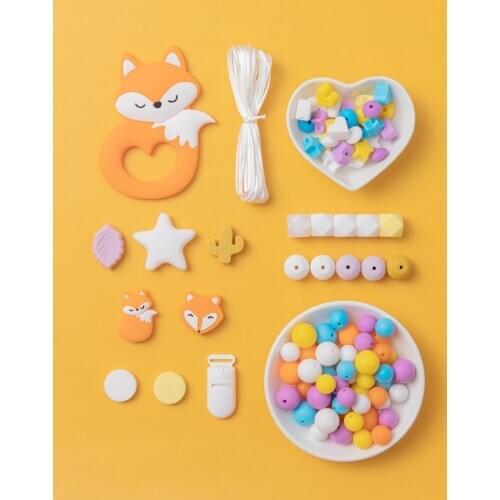 1set Baby Teether Silicone Beads BPA Free DIY Baby Teething Necklace Toys Cartoon Lion Teethers Food Grade Pacifier Chain Clip