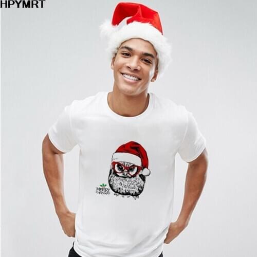 2020 New Cute Owi with Christmas Hat T-shirt O-neck White T Shirt Male Clothes Vogue Top Tshirt Print Women Short Sleeve Tee Men