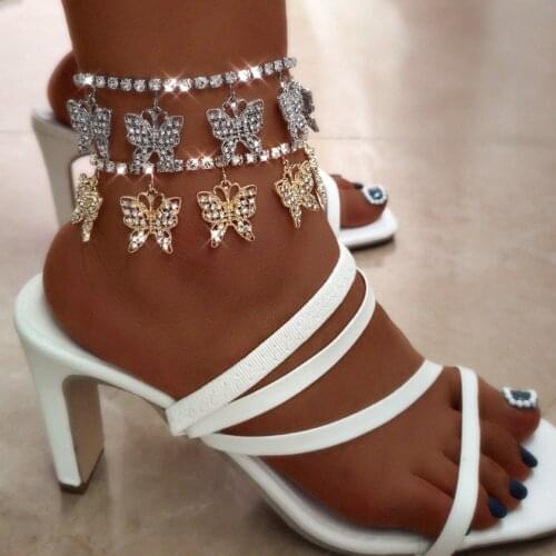 2021 Fashion Charm Butterfly Crystal Anklets for Women Hollow Metal Butterfly Rhinestone Tennis Chain Barefoot Sandals Jewelry