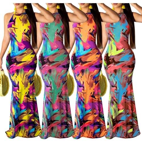 2021 European and American Slim Long Skirt Womens Printed Beach Evening Dress