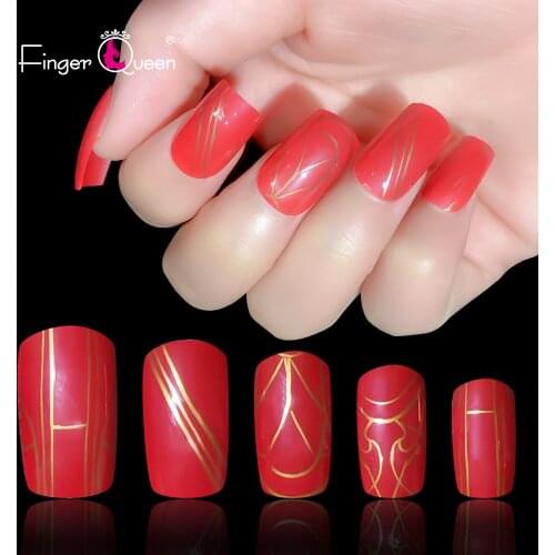 24pcs/Set Detachable Short Square Fake Nails European Red Lines Desigh Full Cover Nail Art Tips Beauty Artificial False Nails
