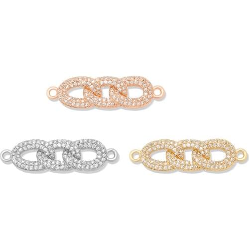 AAA Cubic Zirconia Crystal Three Jointed Circles Charm Connector For Bracelet Necklace Making Gold-plated Brass Chain Jewelry