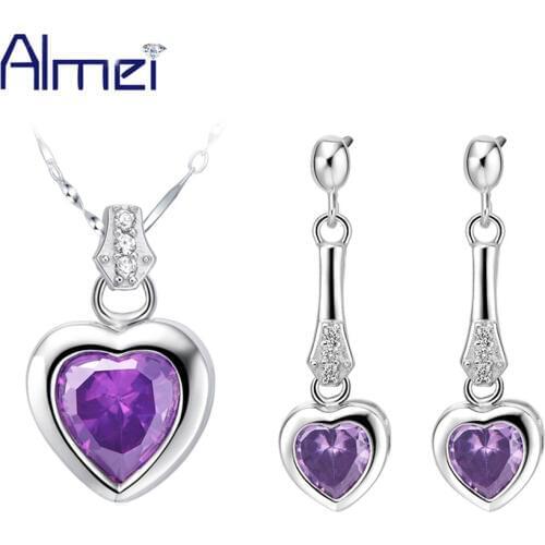 Almei Bridal Purple Stone Long Necklaces & Pendants Heart Zircon Jewelry Set for Women Ladies Wedding Accessories Party T028