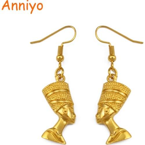 Anniyo Egyptian Queen Nefertiti Earrings Jewelry for Women Girl Gold Color African Party gift #246606