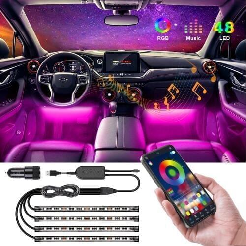 Auto LED Lights, Speclux 4pcs 48 LEDs Upgraded Car Strip Light Bluetooth APP Controlled, Waterproof Multi Colors RGB Lights