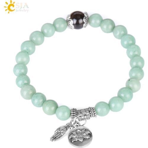 CSJA Handmade Beaded Green Aventurine Bracelet 10mm Tiger Eye Bead Bracelets Buddha Hand Lotus Vintage Jewelry Charm Gift F383