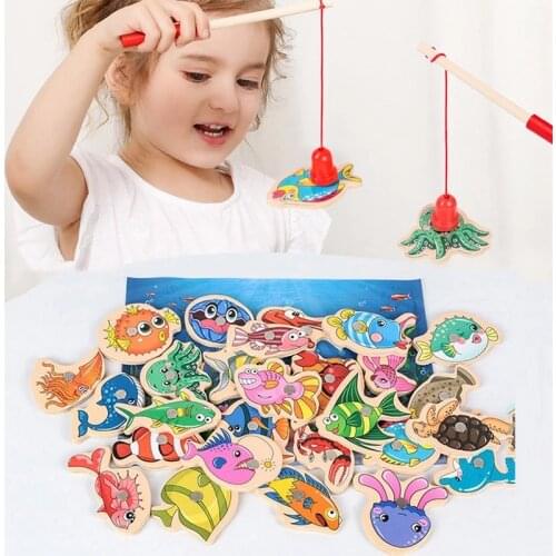 Wooden Magnetic Fishing Game Marine Life Cognition Kindergarten Intelligence Cartoon Magnet Fish Rod Toys for Children Gifts