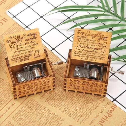 Retro Wooden Hand Crank Music Box Lettering Flower Carving Souvenir Christmas Birthday Gift Party Decoration for Daughter