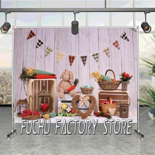 Wood Texture Board Spring Flowers Easter Eggs Photography Backdrop Flag Rabbit Carrot Baby Easter Background Photo Shoot Studio