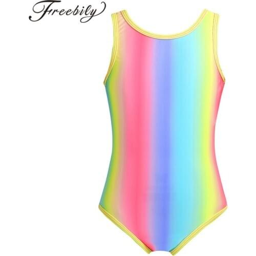 Swimsuit Kids Girls One-piece Rainbow Color Swimwear Sleeveless Swimming One Piece Racer Back Swimsuit Children Bathing Suit
