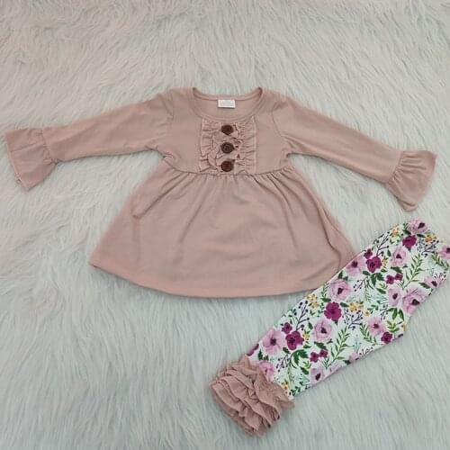 Girls boutique suit long sleeved buckle children clothes fashion Flower printed ruffles trousers clothing wholesale