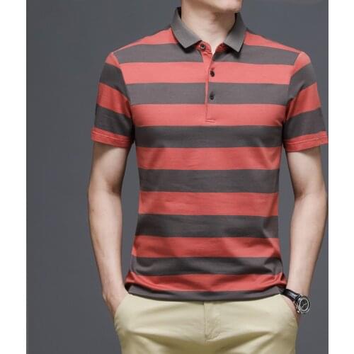 Mens cotton contrast stripe POLO shirt mens Lapel business POLO shirt short sleeve mens fashion large size middle aged top
